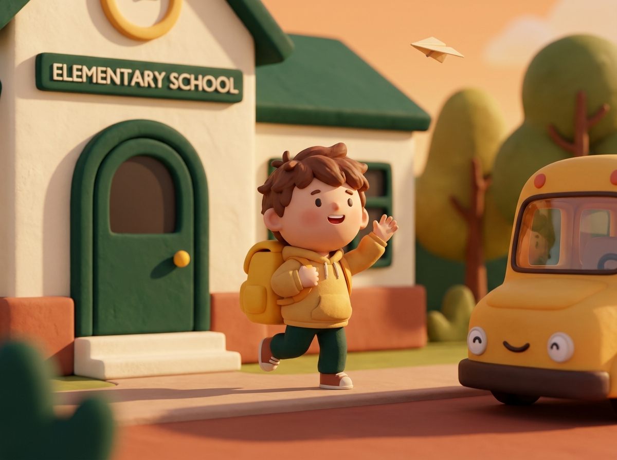 Illustration of a happy child with a yellow backpack waving outside their school, next to a smiling school bus