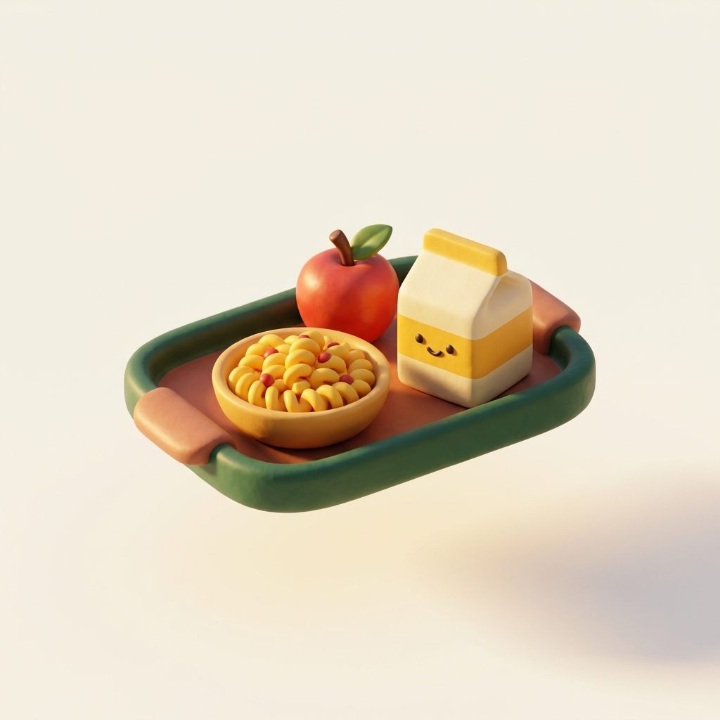Illustration of a school lunch tray with pasta, an apple and a smiling milk carton