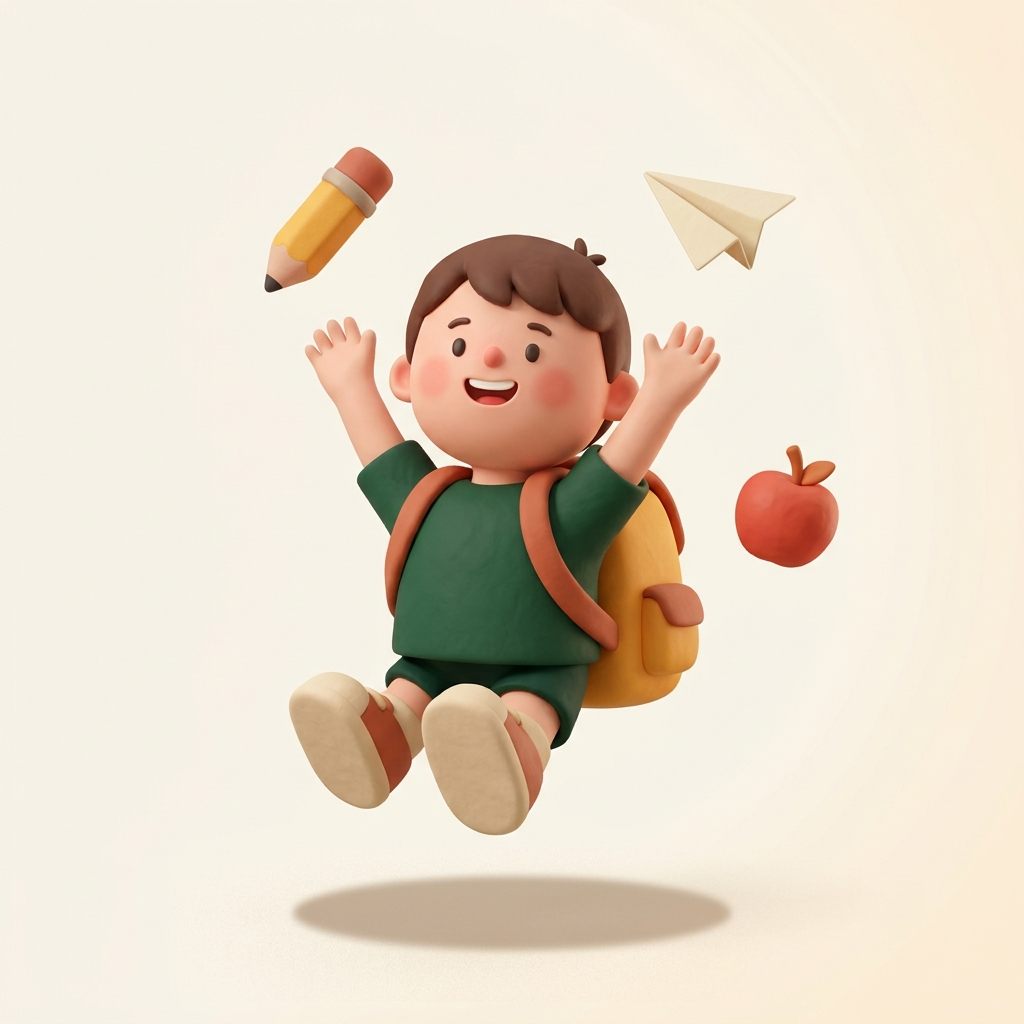 Illustration of a joyful child jumping with a backpack, pencil and paper plane