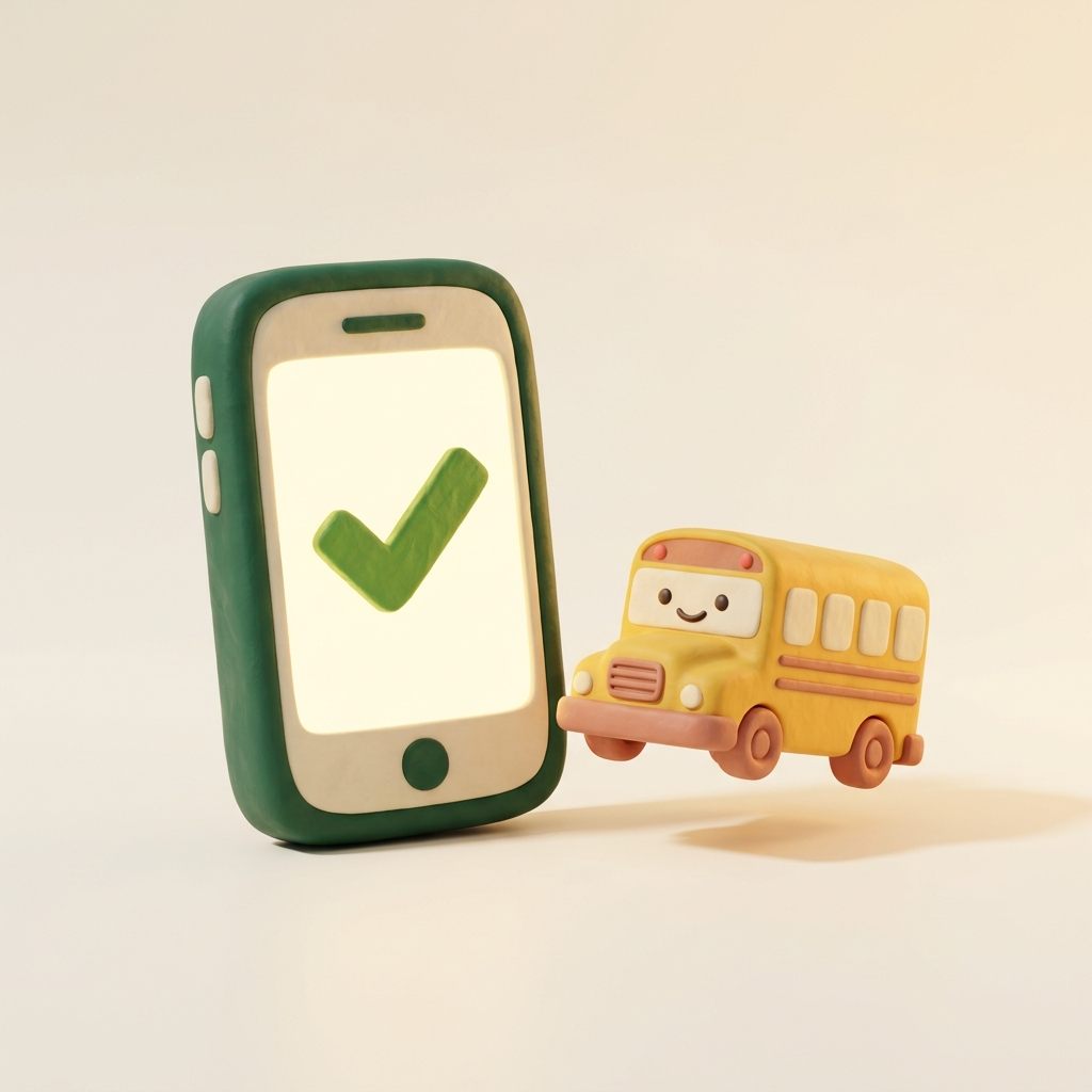 Illustration of a phone showing a green checkmark beside a toy school bus